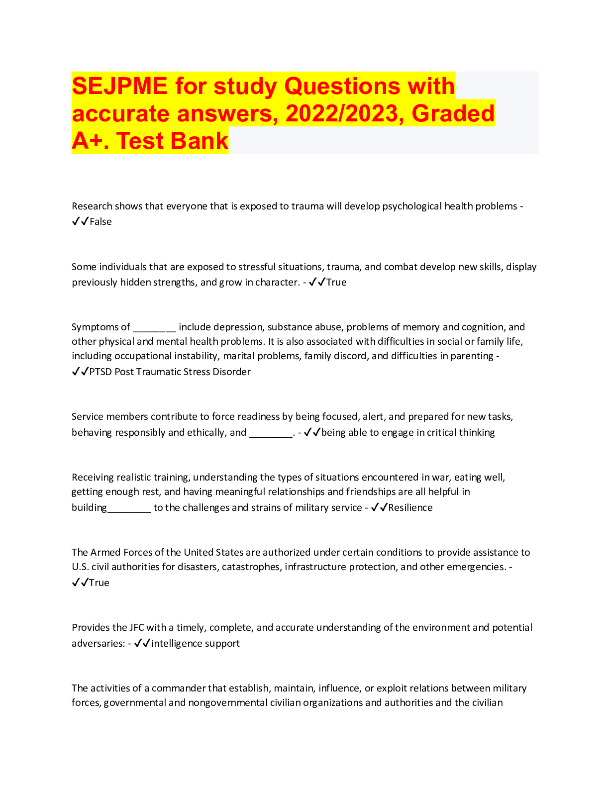 Preview image for SEJPME for study Questions with accurate answers, 2022/2023, Graded A+. Test Bank